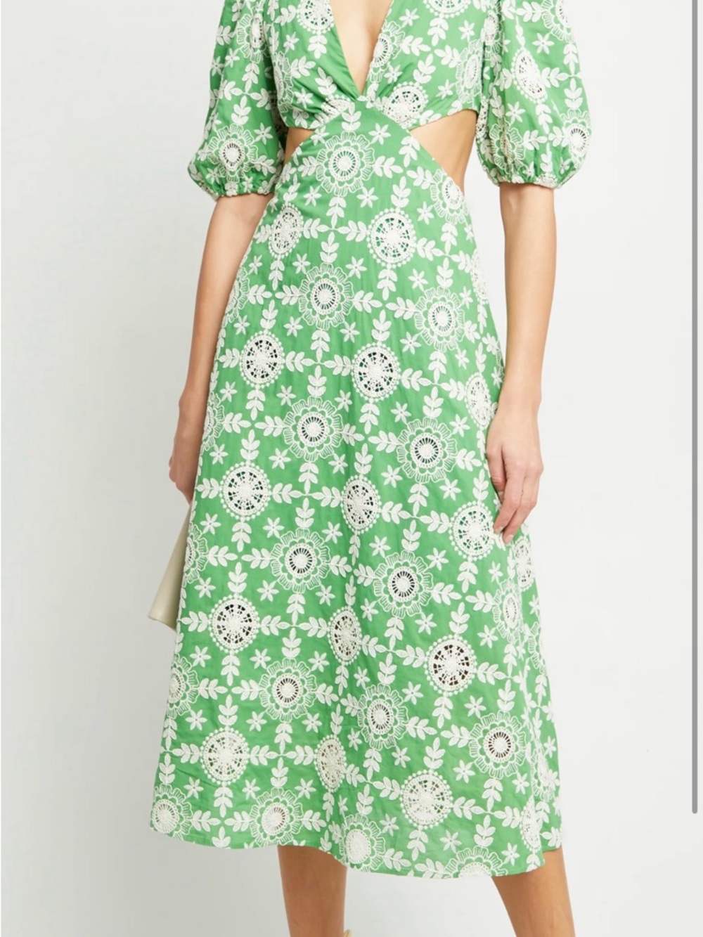 Green Floral Cutout Midi Dress with Lace Embroidery